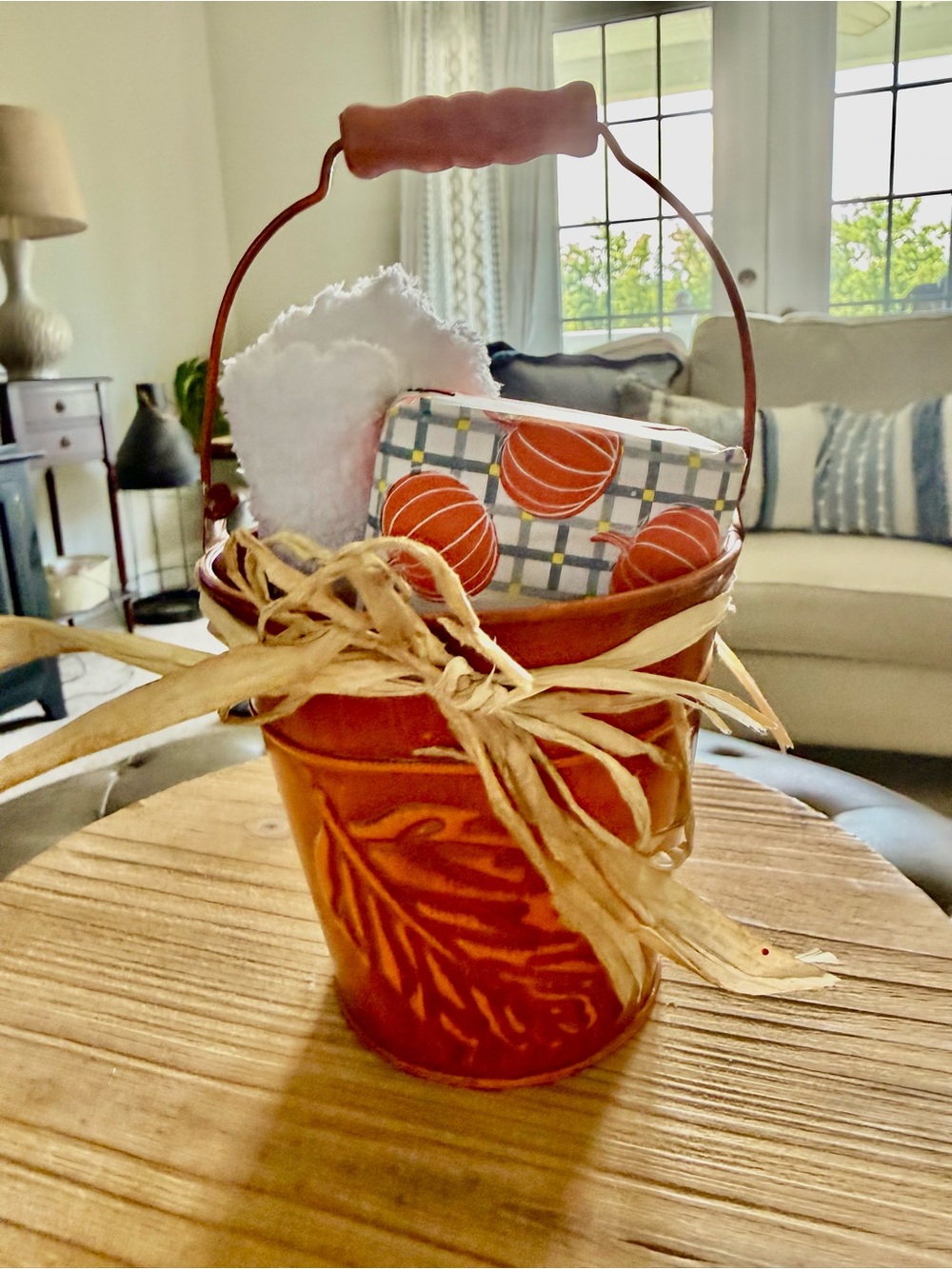 Orange Decorative Metal Harvest Bucket with Beekman Brown sugar pumpkin soap